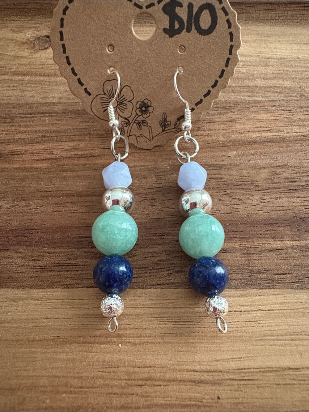 Handmade Beaded Drop Earrings- Aquamarine, Amazonite, Lapis Lazuli